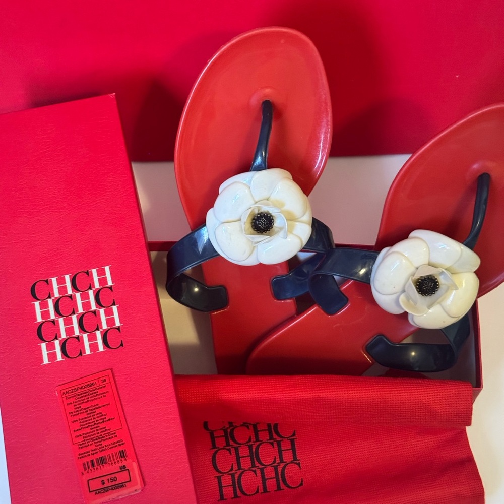 Carolina Herrera red and blue Jelly Sandals with white flower accent